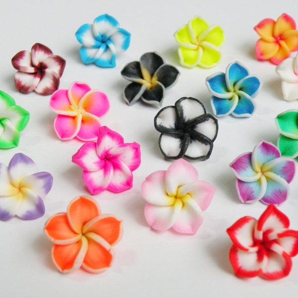 10 Colorful Plumeria Flowers, polymer clay beads, mixed color collection 15mm PG105