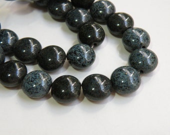 Jet Black Silvery Picasso finish Czech pressed glass speckled puffed coin beads 10x7mm half strand NL-372