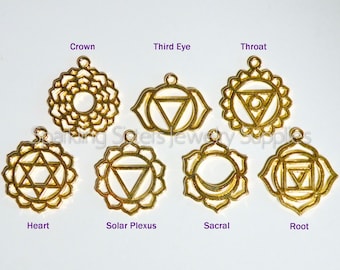 May include: Seven gold-colored metal charms depicting the seven chakras. Each charm features a unique symbol and is labeled with the corresponding chakra name: Crown, Third Eye, Throat, Heart, Solar Plexus, Sacral, and Root.