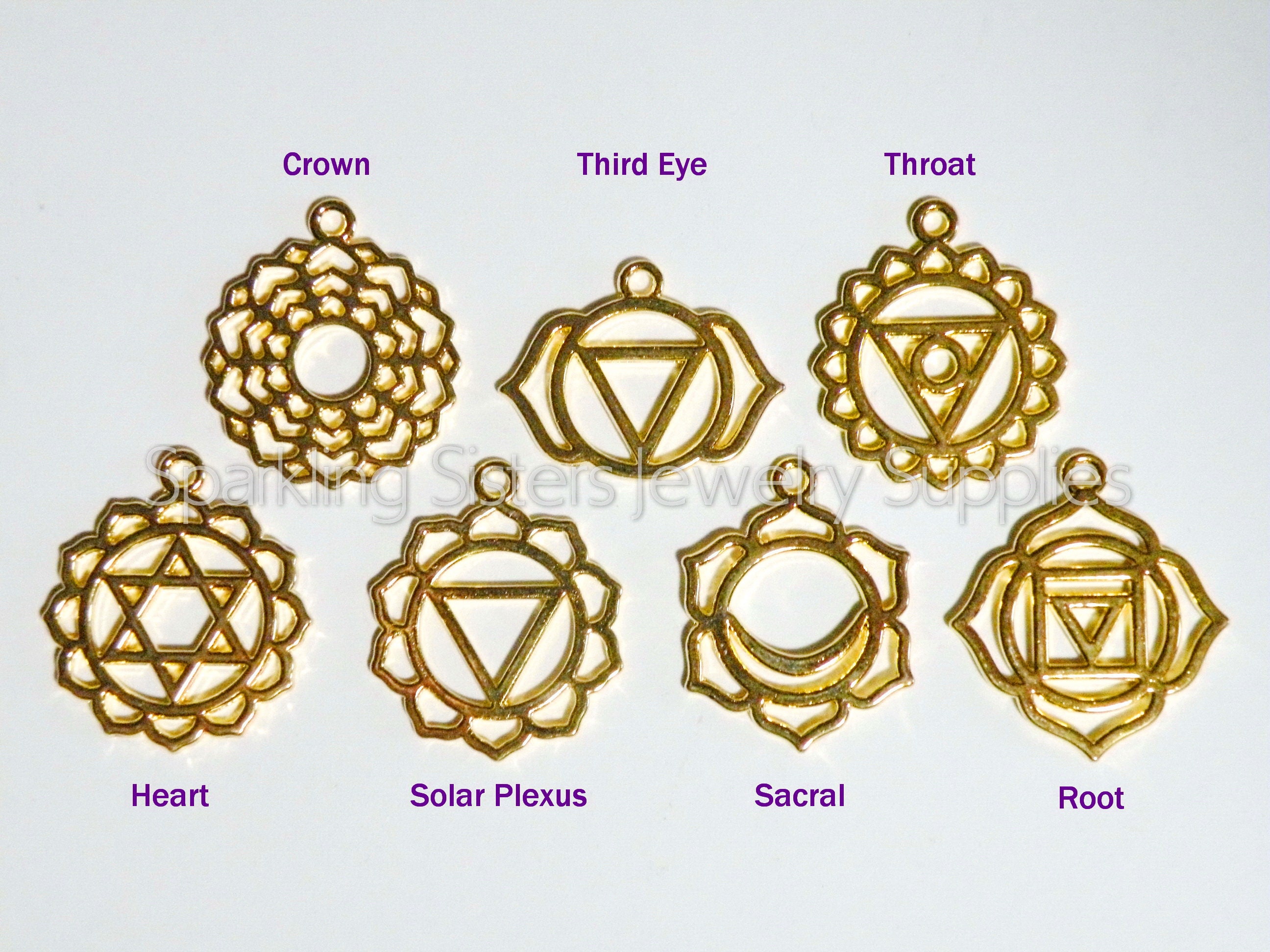 Chakras Charm Set Yoga Zen Meditation Shiny Gold Large Pendant