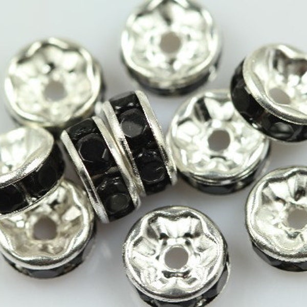 20 Jet Black rhinestone rondelle spacer beads 8mm DB08997