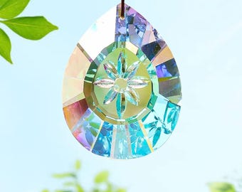 Teardrop Flower Suncatcher, Faceted Clear AB K9 Crystal Glass Water Drop Pendant, Pear Shape Window Prism Rainbow Maker 76x58mm TBR171377-AB