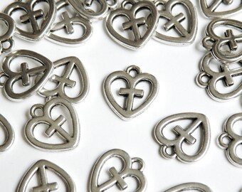 10 Heart with Cross Charms open heart antique silver 15x14mm DB0098126