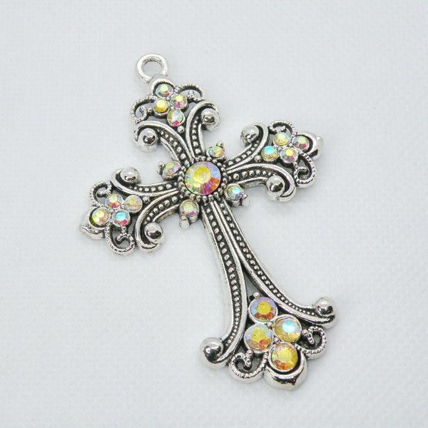 Cross Pendant Clear AB Rhinestone Gothic Steampunk Victorian Renaissance extra large charms antique silver 75x50mm PJ14128AS