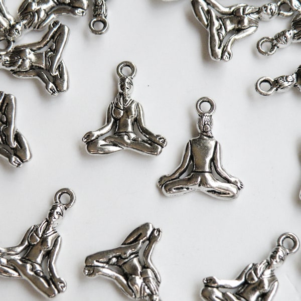 10 Yoga Pose Charms woman in lotus pose zen meditation antique silver 20x16mm PA36593