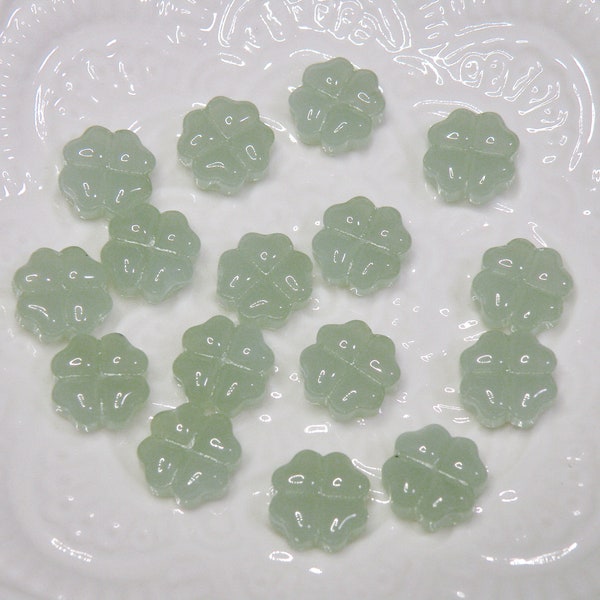 10 Four Leaf Clover Carved Glass Beads, Light Green Opal Lucky Shamrocks 10mm THC05518-L