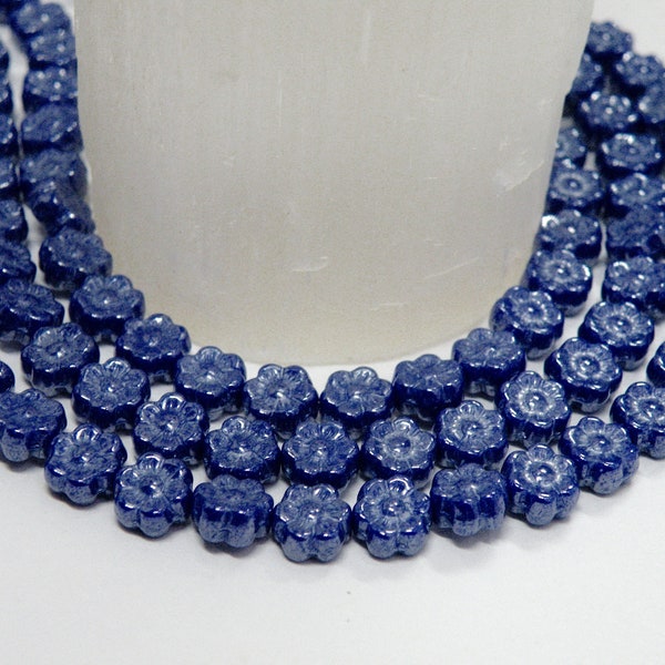 Royal Blue Silver Luster Wash Czech Pressed Glass Beads Hawaii Flower Hibiscus Floral Pearlized Persian Egyptian 6mm 50pcs CB6-33060-14400