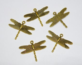 10 Antique Gold Dragonfly Charms 28x35.5mm PEA10966YKG