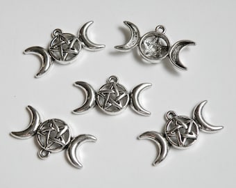 5 Crescent Moons Star Pentacle Pentagram Triple Moon Goddess Symbol charms antique silver 30x16mm DB0095306