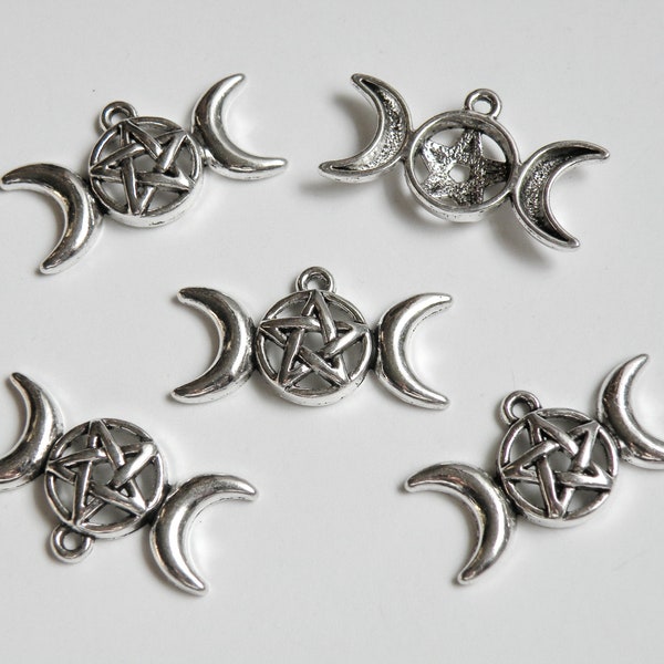 5 Crescent Moons Star Pentacle Pentagram Triple Moon Goddess Symbol charms antique silver 30x16mm DB0095306