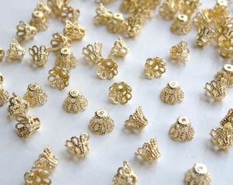 50 Bead caps scalloped basket shiny gold plated brass 7mm (fits 7-9mm beads) A5585FN