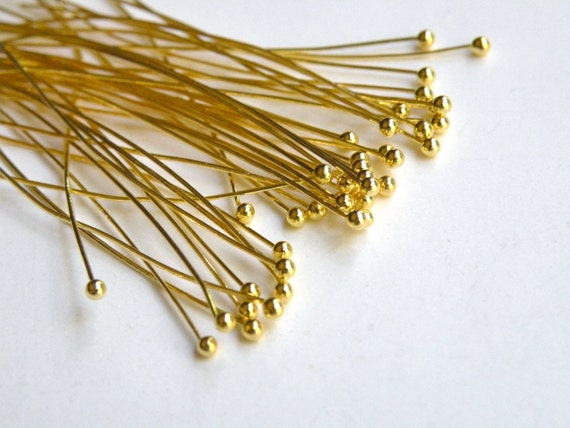 Lot 200 GOLD Plated Brass HEADPINS 2 inch 21 gauge No Lead No Nickel Head Pins