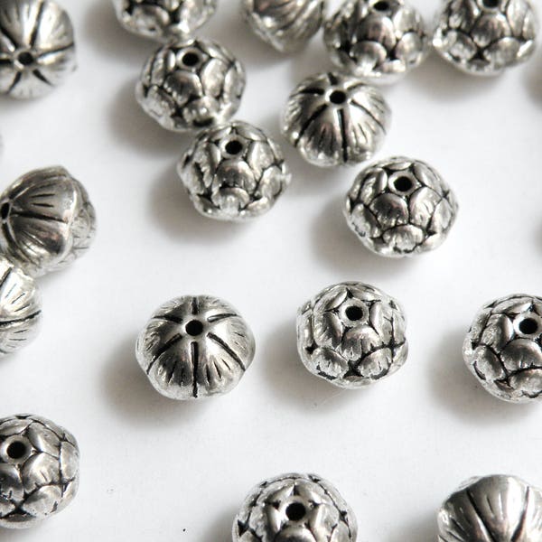 10 Lotus Blossom Flower 3D Seedpod Beads zen meditation round antique silver 8x10mm PO004-60