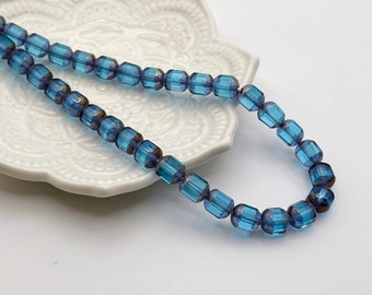 15 Capri Blue Faceted Octagon Cobalt Glass Czech Beads, Metallic Antique Bronze Wash, Crown Cathedral Cut 8x7mm CB8-60020-14415B