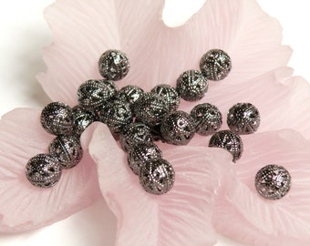 10 Filigree round spacer beads gunmetal dark gray black plated brass 8mm 2014BB