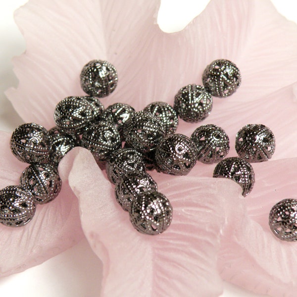 10 Filigree round spacer beads gunmetal dark gray black plated brass 8mm 2014BB