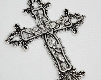 Easter Lily Filigree Cross, Fancy Extra Large Charms, Antique Silver Nickel Free 74x53mm PA20541-AS