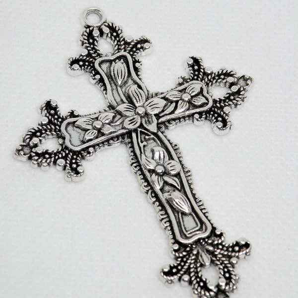 Easter Lily Filigree Cross, Fancy Extra Large Charms, Antique Silver Nickel Free 74x53mm PA20541-AS