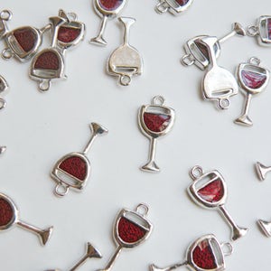 10 Wine Glass Goblets, Merlot Red Enamel Charms, silver finish beverage cocktails 20x10mm DB22339