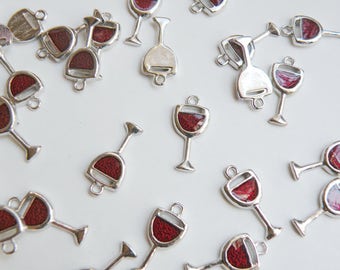 10 Wine Glass Goblets, Merlot Red Enamel Charms, silver finish beverage cocktails 20x10mm DB22339