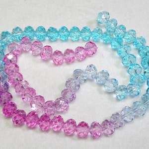 Ombré Faceted Crystal Glass Rondelle Beads, Multicolor Hot Pink to Lavender to Aquamarine, 8x6mm 6x4mm 4x3mm Full Strand TEW15459 8x6mm