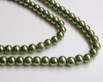 Olive green glass pearl beads round 6mm full strand 9865GL