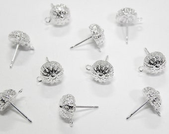 Silver Filigree Dome Post Earrings with connector loop & stainless steel posts half ball 8mm nickel free 10pcs A5264FN