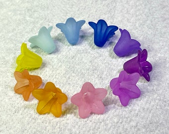 50 Frosted Trumpet Bell Flower beads acrylic colorful assorted mix 18x12mm frosted lucite PLF018