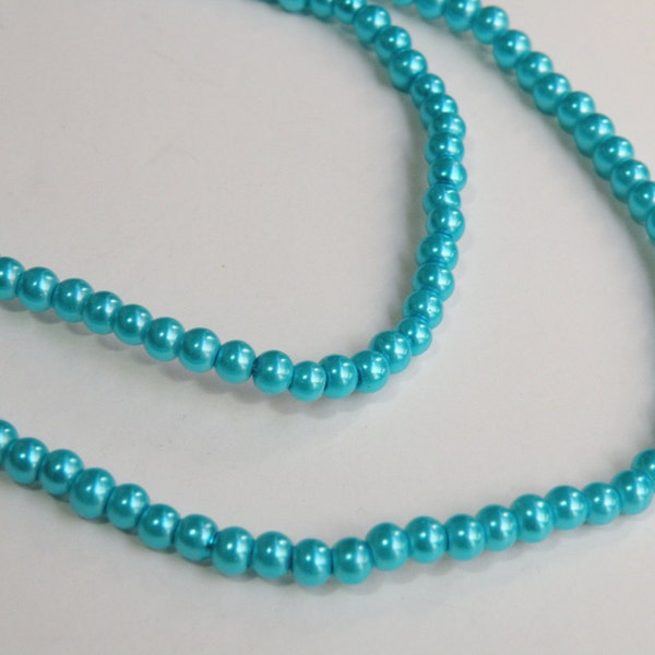 Peacock Blue glass pearl beads bright aqua blue round 4mm full strand 9860GL