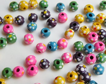 100 Bright Colorful Flowers round wood beads floral multicolored mixed pastel colors 5-6mm 8054NB