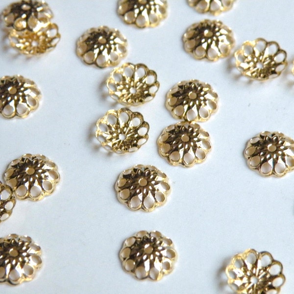 50 Bead caps flower shiny gold plated brass 8mm (fits 8-10mm) A5630FN