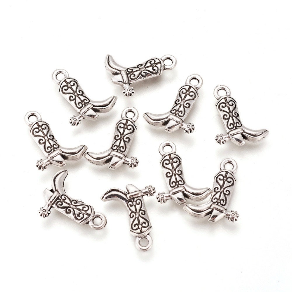 10 Cowgirl or Cowboy Boots, Western Wear Shoe Charms Antique Silver 16.5x12.5mm P20076-AS