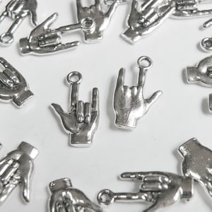 10 I LOVE YOU Hand charms American Sign Language ASL antique silver 22x12mm DB33748 image 1