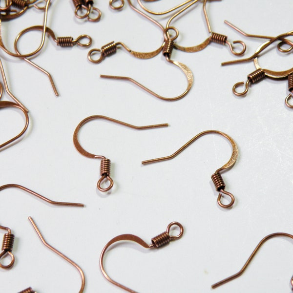 50 French Hook Earrings Antique Copper fishhook flattened earwires with coil open loop 16mm PQ366-AC