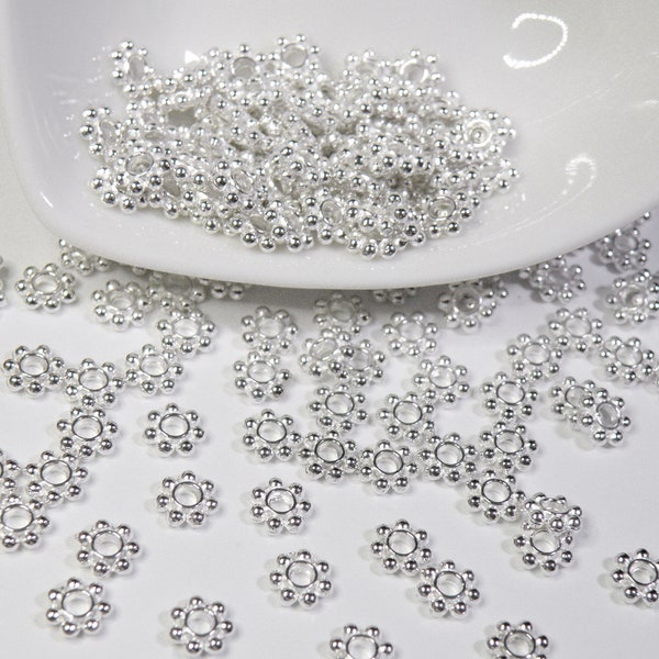 50 Daisy Spacer Beads 5.5-6mm, Shiny Silver Beaded Rondelles PK08Y7021-01S