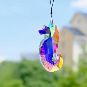 May include: A rainbow crystal seahorse hanging ornament. The seahorse is made of faceted crystal and has a rainbow iridescent finish.
