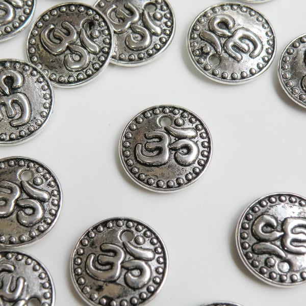 10 Om Ohm Aum Charms round puffed coins antique silver 15mm DB35826