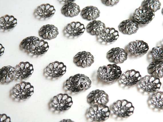 50 Bead caps flower antique silver plated brass 8mm (fits 8-10mm bead) A5634FN