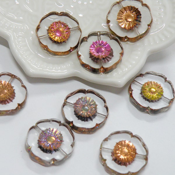 Bronze Iris and Clear Crystal Hawaii Flowers, Czech Table Cut Glass Beads, Rainbow Chameleon Matte Finish, 20mm 2 pcs CB20-30-AB2-RCM