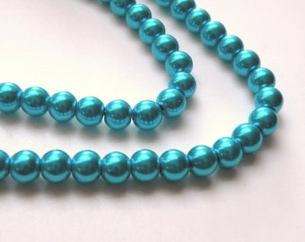 Peacock Blue glass pearl beads bright aqua blue round 6mm full strand 9868GL