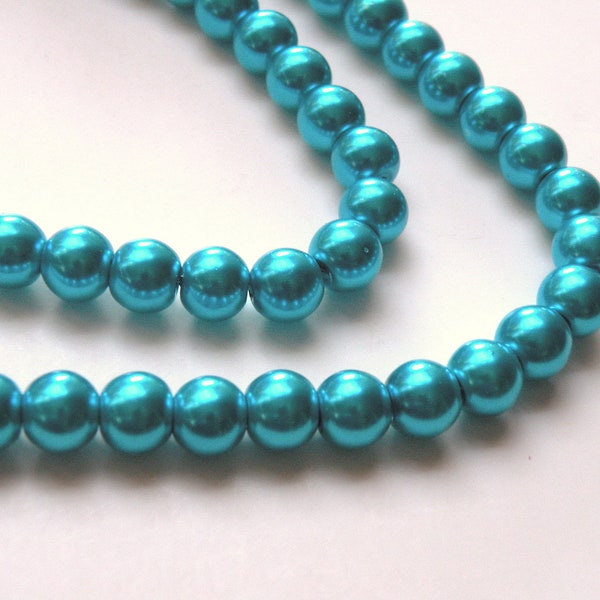 Peacock Blue glass pearl beads bright aqua blue round 6mm full strand 9868GL