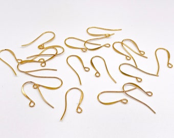 20 Shiny Gold French Hook Earrings, Nickel Safe Long Back Fishhook Flattened Earwires, Open Loop 24mm 21 gauge C4735FN