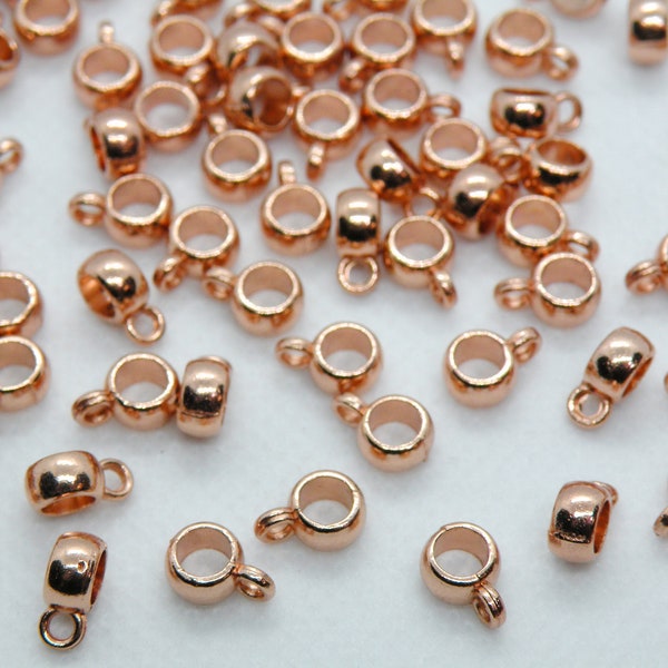 20 Rose Gold Tube Hanger Bails with large 4mm hole smooth European charm beads with 1.7mm loop 9x6x3.5mm DB0100975