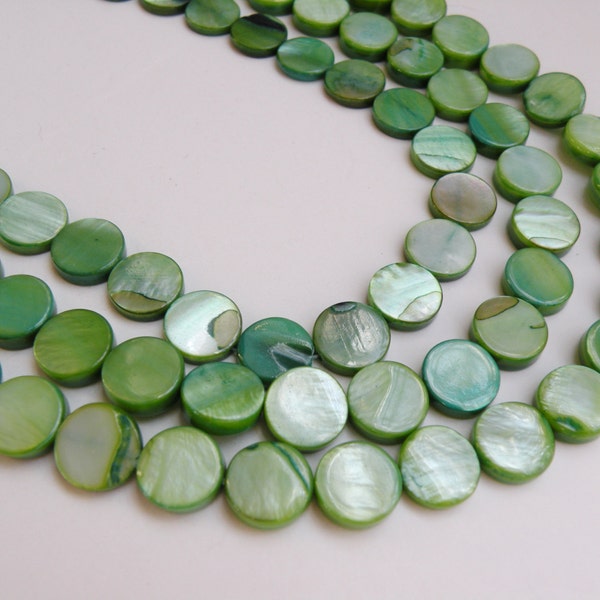 Mother of Pearl shell moss green flat round coin beads 10mm full strand 7472NB-GR