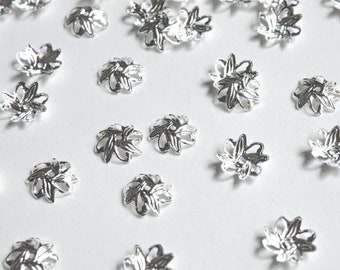 50 Floral Leaves Bead caps shiny silver plated nickel free brass 10mm (fits 10-12mm) 6016FN