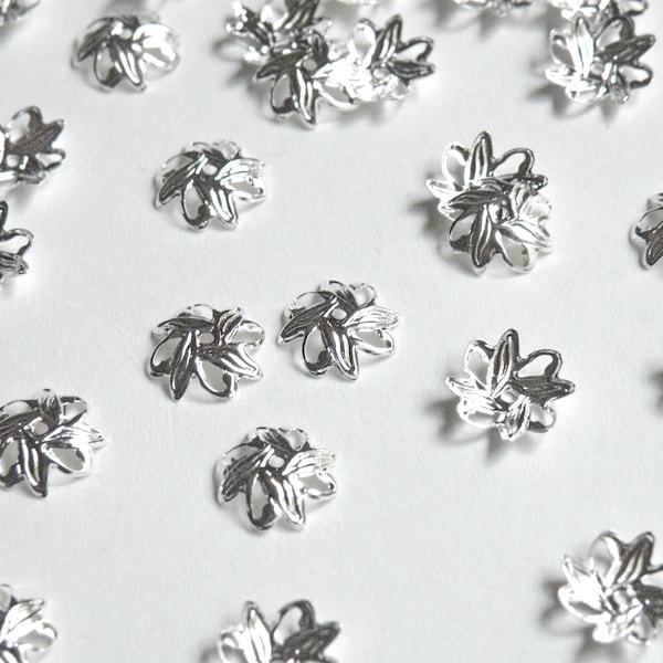 50 Floral Leaves Bead caps shiny silver plated nickel free brass 10mm (fits 10-12mm) 6016FN