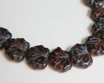 Maple Leaf Dark Golden Brown Picasso finish translucent Czech pressed glass beads autumn fall leaves 10x13mm NML-333