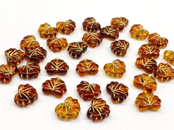 Maple Leaf Acrylic Beads, Translucent Golden Brown with Gold Wash, Autumn Fall Leaves 10x13mm 25 pcs TDB29624