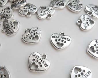 10 Best Friend Heart Charms with paw and cut out open heart, antique silver 15x15mm PQ061-44AS