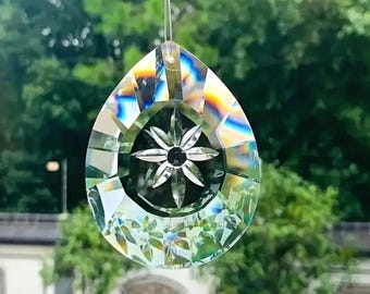 Teardrop Flower Suncatcher, Faceted Clear K9 Crystal Glass Water Drop Pendant, Pear Shape Window Prism Rainbow Maker 76x58mm TYY273286-C